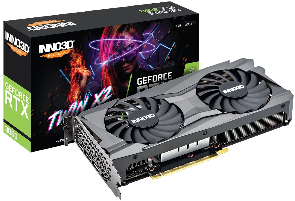 INNO3D nVidia GeForce RTX 3060 TWIN X2 8GB GDDR6 GPU, 1777MHz Boost Clock, 3xDP, 1xHDMI, LHR, 240x120mm x 2-slot (3060)-0