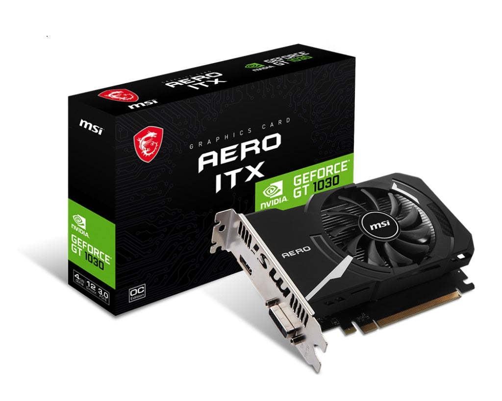 MSI nVidia GeForce GT 1030 AERO ITX 4GD4 OC Video Card, PCI-e 3.0, 1430 MHz Boost Clock, 1x HDMI 2.0 1x DVI-0