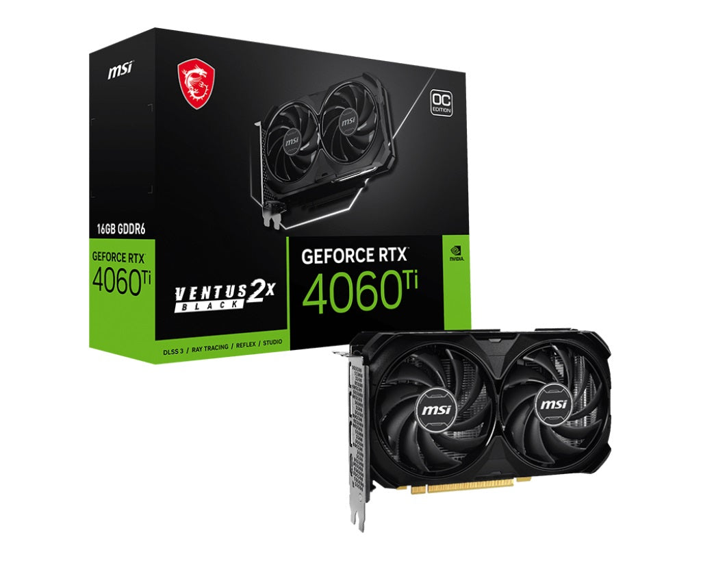 MSI nVidia GeForce RTX 4060 Ti VENTUS 2X BLACK 16G OC Video Card  2610 MHz Boost Clock, 16GB GDDR6,DisplayPort x 3 (v1.4a),HDMI x 1-0