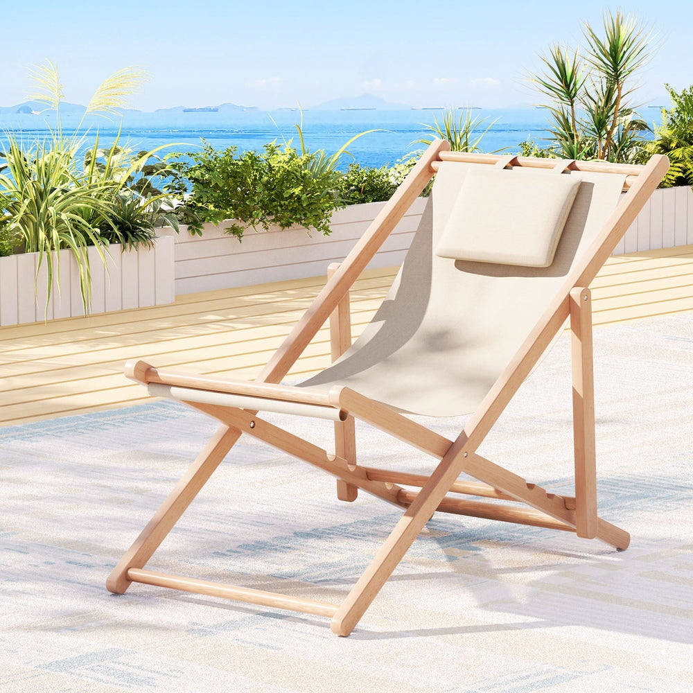 Gardeon Outdoor Deck Chair Wooden Sun Lounge Folding Beach Patio Furniture Beige-6