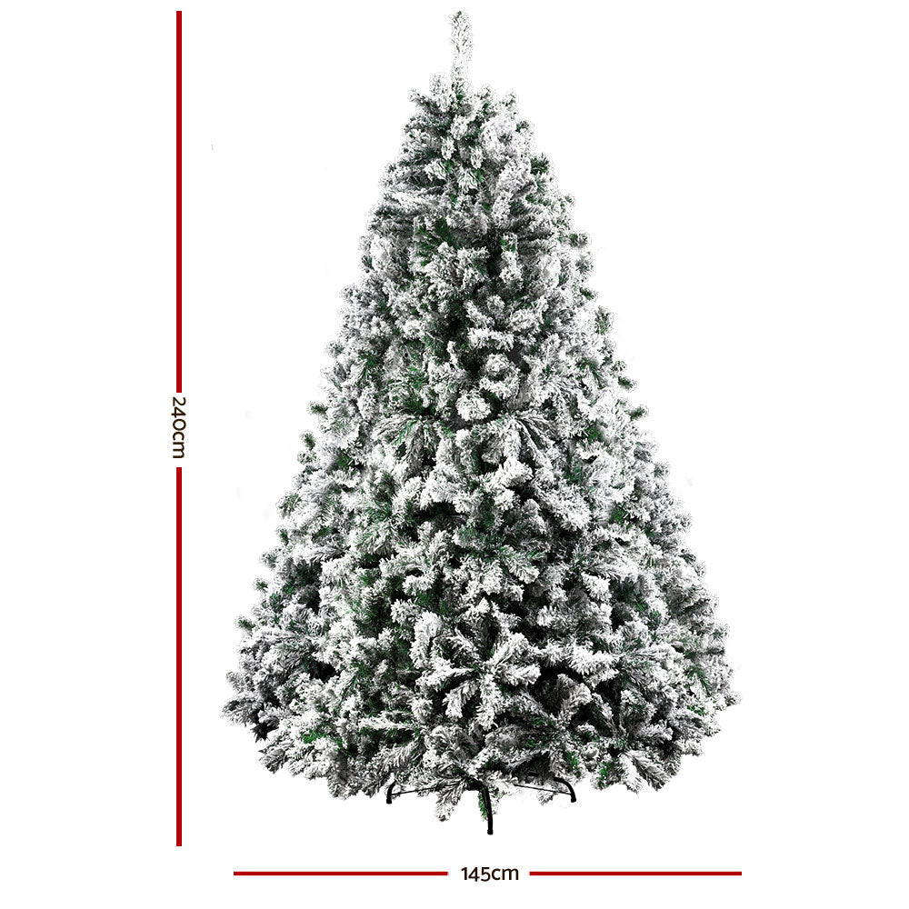 Jingle Jollys Christmas Tree 2.4M Xmas Tree Decorations Snow Flocked 1500 Tips-1