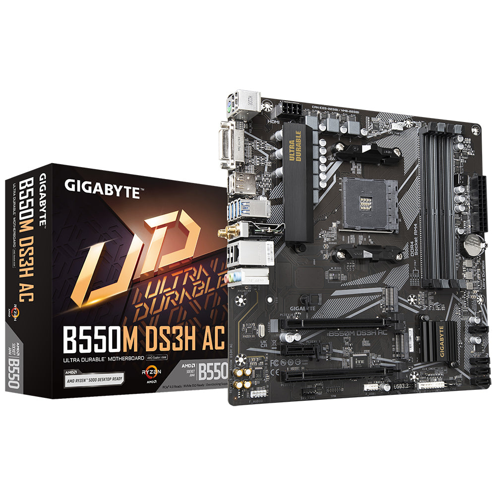 Gigabyte B550M DS3H AC Motherboard - Supports AMD Ryzen 5000 Series AM4 CPUs, 5+3 Phases Pure Digital VRM, up to 4733MHz DDR4 (OC), 2xPCIe 3.0 M.2, GbE LAN, USB 3.2 Gen1-0